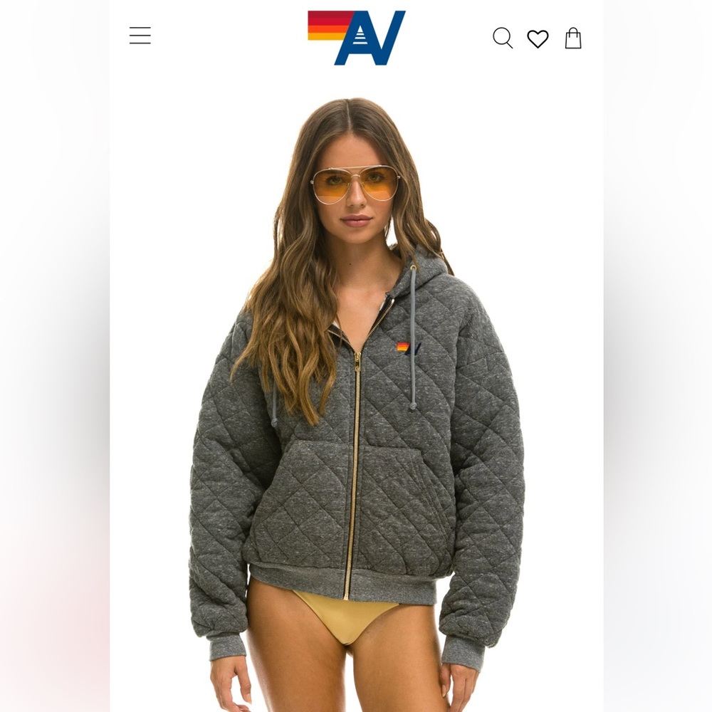 Aviator Nation Quilted Zip Hoodie Relaxed in Heather Grey M